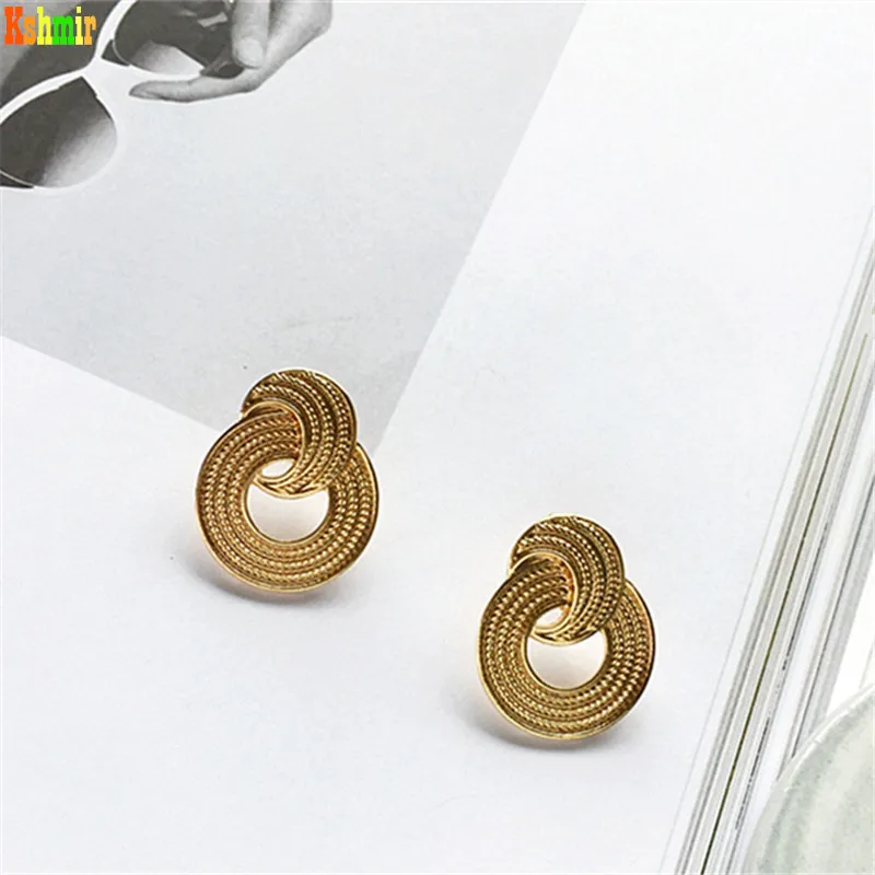 Kshmir Design threaded metallic gold earrings with geometric that carve round simple jewelry2020 | Украшения и аксессуары