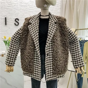 

New Autumn Winter Fashion Women's Sets Sleeveless Lambswool Vests Top + Houndstooth Woolen Suits Jacket Elegant Female Suits