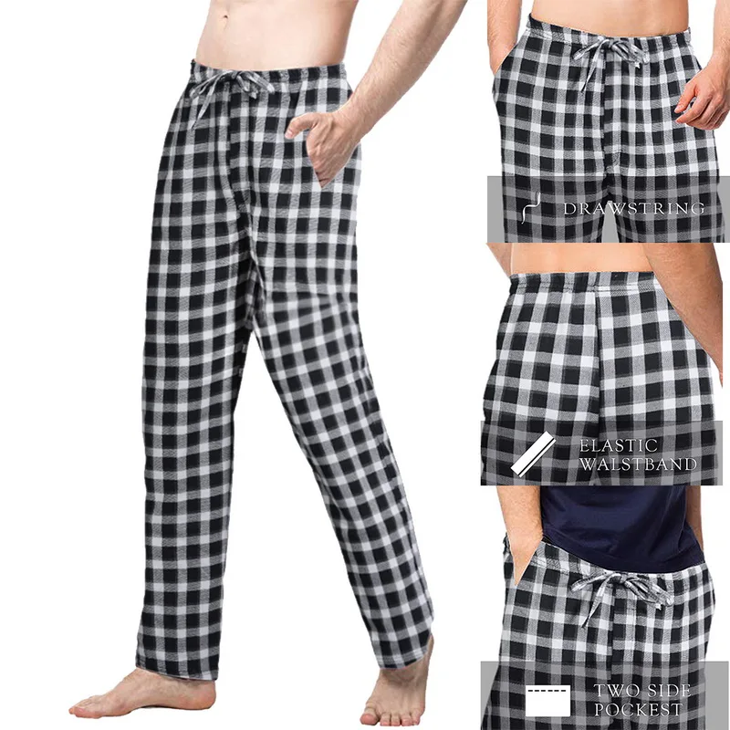 Men Spring Summer Plaid Sleep Bottoms Mens Pajama Sleepwear Pants Mens Plus Size Pyjama Trousers Mens Plaid Sleep Bottoms