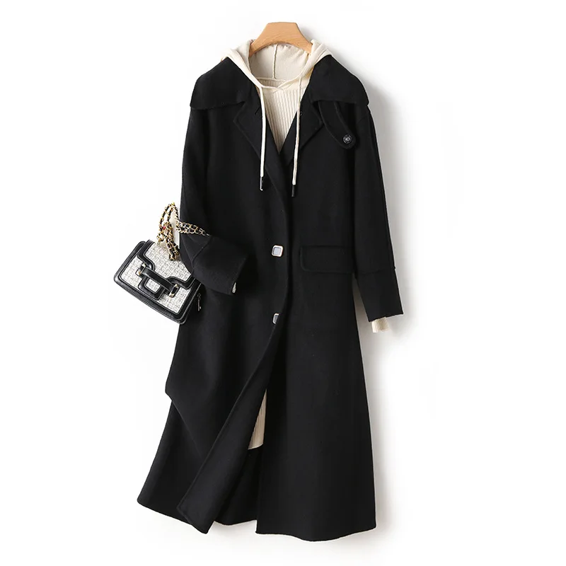 

2019 black over the knee long double-faced wool coat loose women's Hepburn wind autumn and winter quality woolen coat