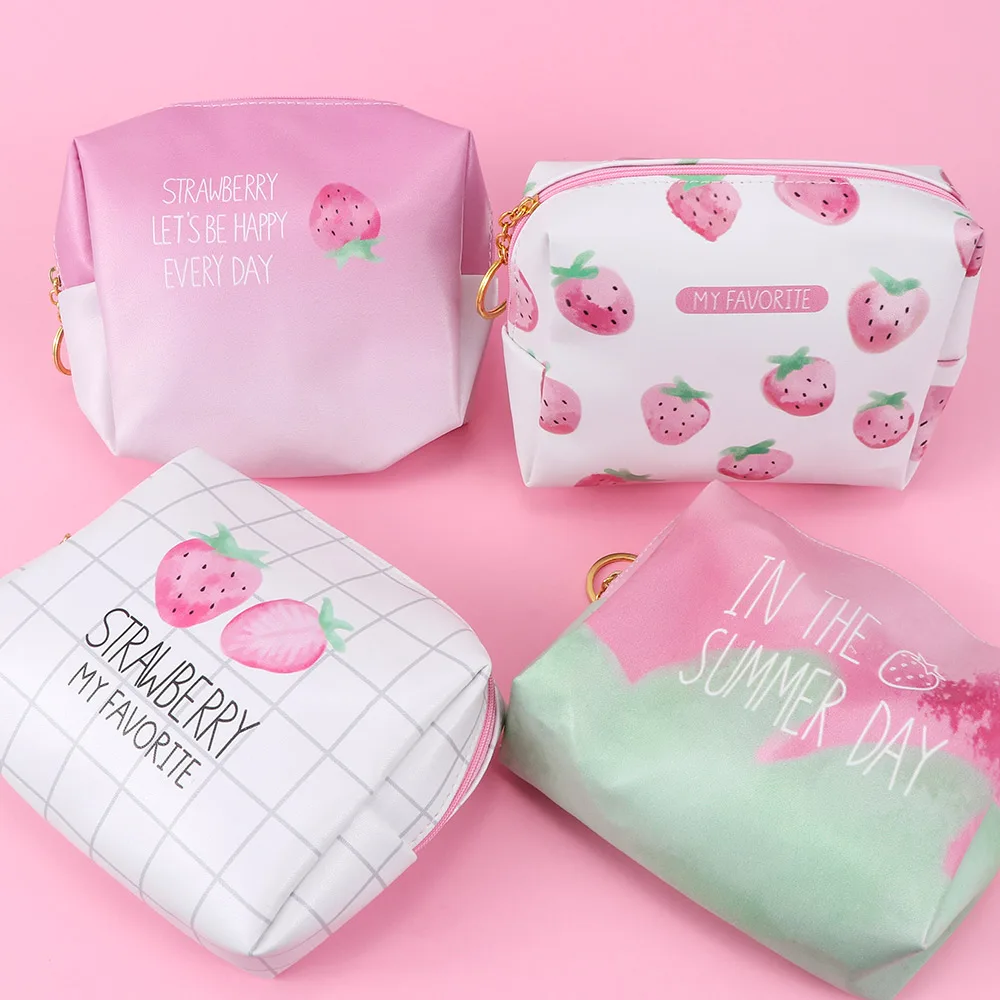 

Pink Travel Cosmetic Bags Women Cute Strawberry PU Leather Makeup Bag Storage Organizers Lady Pouch For Make Up Case