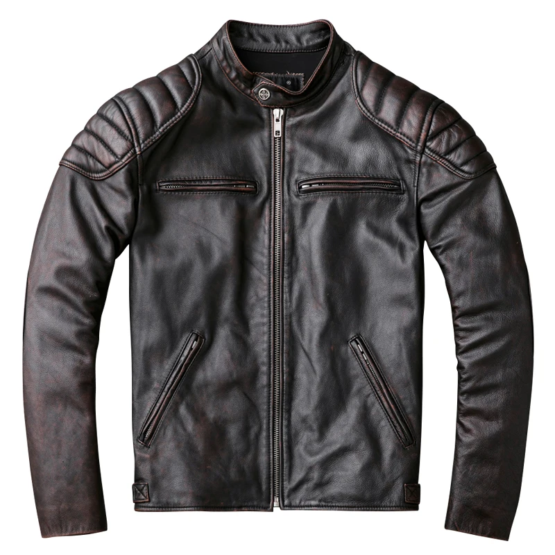 

HARLEY DAMSON Vintage Brown American Motorcycle Leather Jacket Plus Size XXXXL Genuine Cowhide Spring Slim Fit Biker's Coat