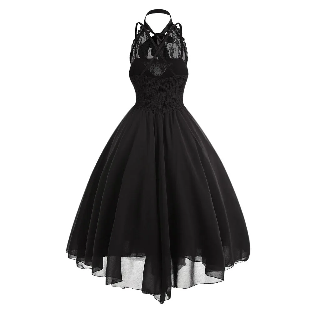 Women Black Gothic Punk Vintage Party Dresses Sleeveless Cross Back Retro Lace Panel Chiffon Solid Corset Swing Dress Vestidos