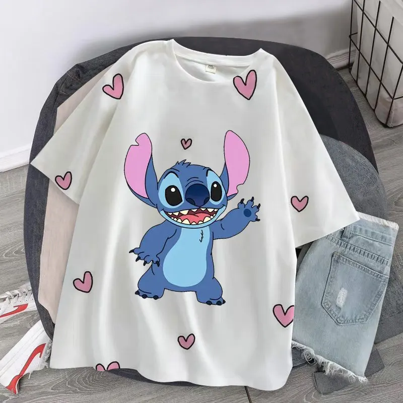 Harajuku T-shirt Disney Stitch Cartoon T-shirt Casual Street Kawaii Fashion T-shirt Men's and Women's Casual Oversized Top cheap t shirts