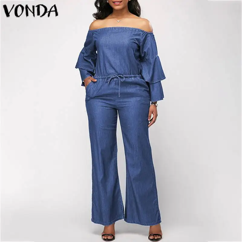 VONDA/Элегантные Комбинезоны с открытыми плечами, без бретелек, джинсовые широкие комбинезоны с оборками и длинными рукавами, штаны для беременных, Femme Pantalon