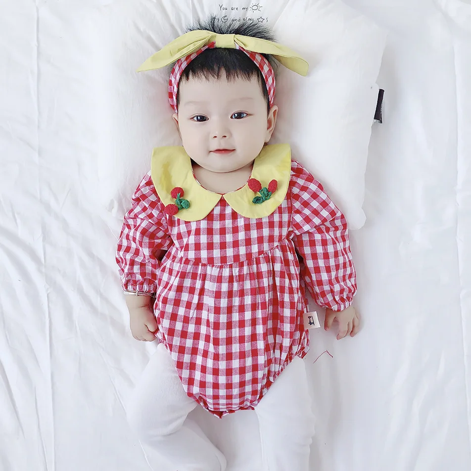 Autumn Infants Little Children Climbing Clothes Newborn Baby Plaid Doll Collar Cherry Cotton Jumpsuit with Bow Knot Headband Top