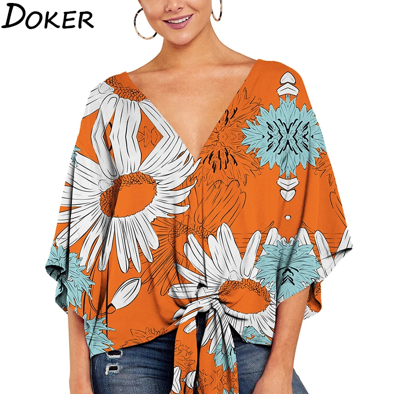 Summer Elegant Office Blouse Women Clothes V-neck 3/4 Sleeve Floral Print Streetwear Shirts Womens And Blouses Plus Size Tops