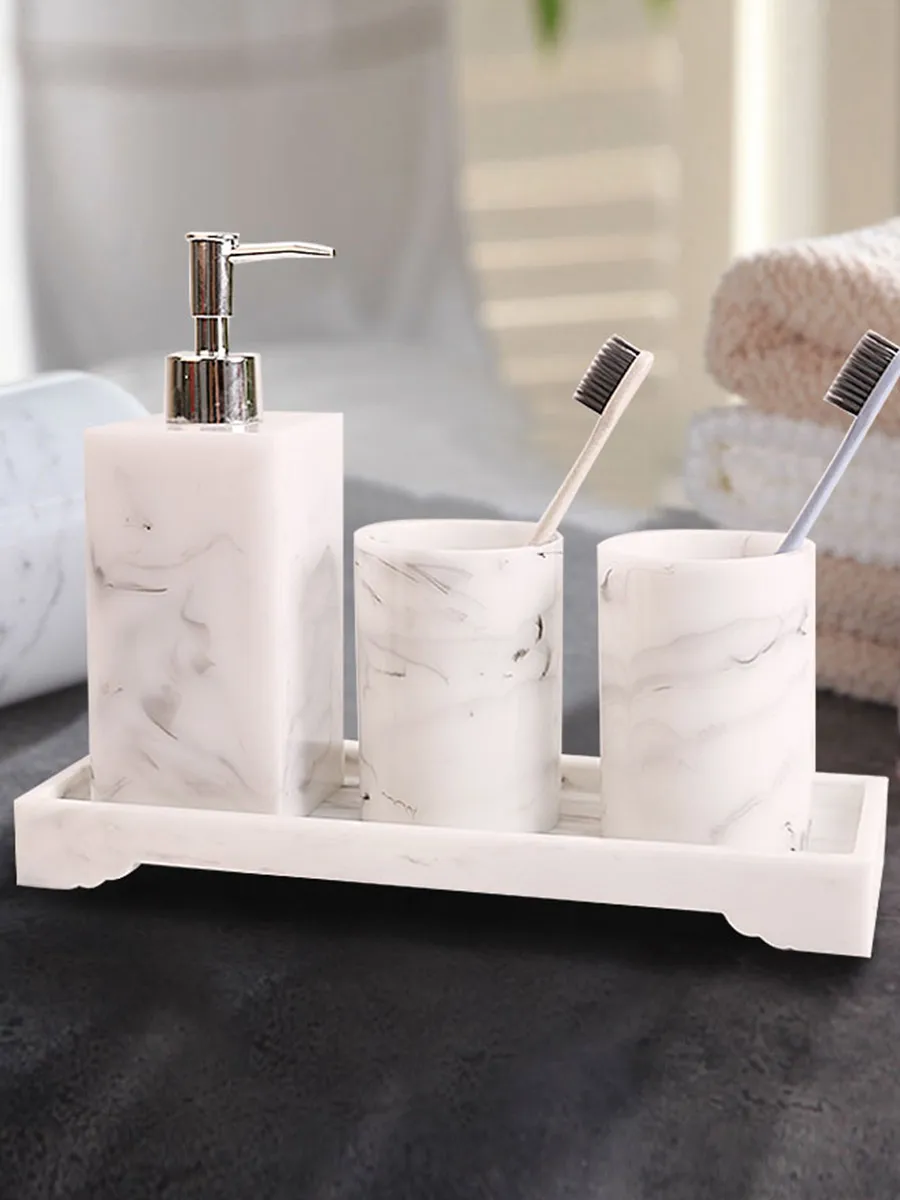 Cork & Mill Marble Bathroom Accessories Set, Complete 3 Piece Set With Soap Dispenser, Toothbrush Holder & Canister With Lid For Qtips, White Marble Bath Countertop Vanity Decor Organizer Retails For $47.99