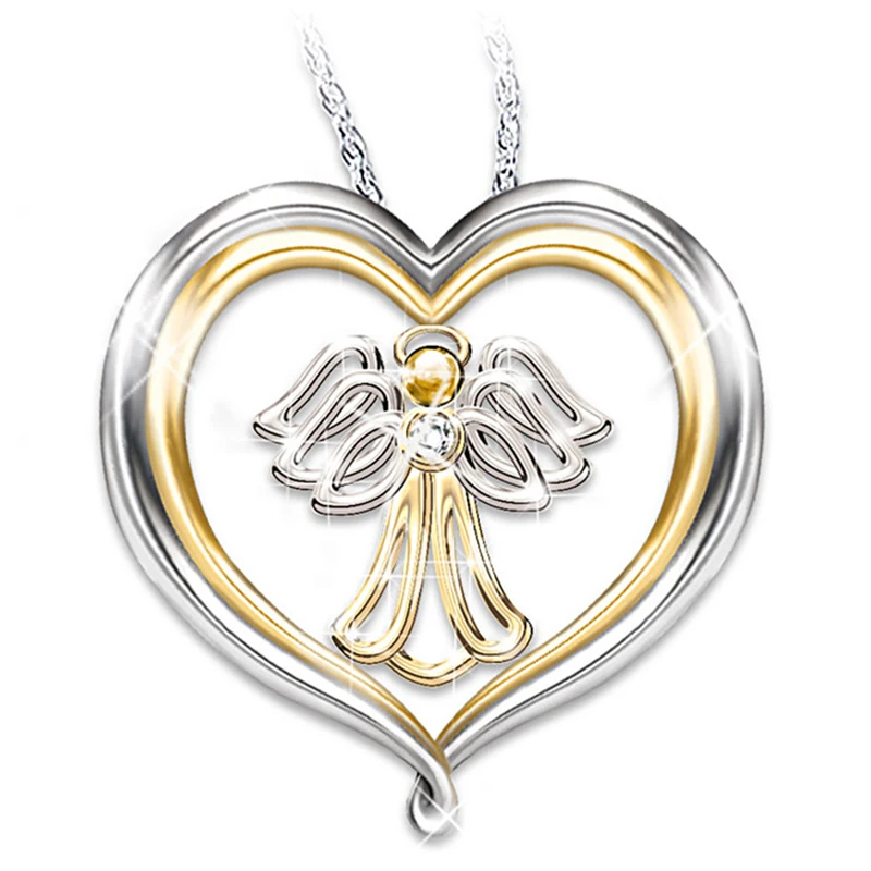 Колье с ангелом для женщин, золото и серебро, двухцветное сердце, чистое циркониевое ожерелье с кулоном, свадебные украшения для помолвки, подарки