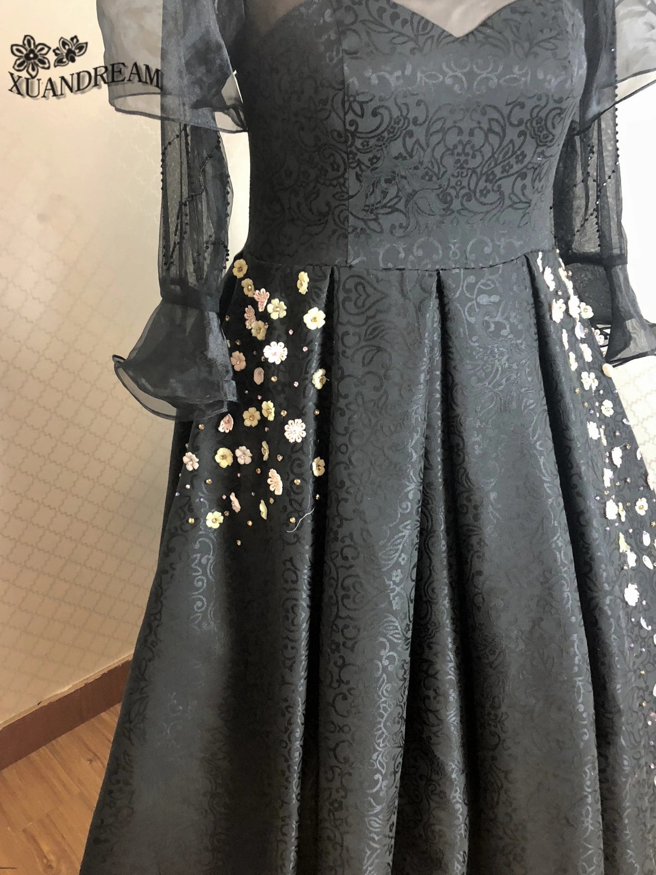 Плюс размер элегантное женское платье с цветочным принтом trajes de noche de gala с длинными рукавами черные Выпускные платья Сделано в Китае XD-137