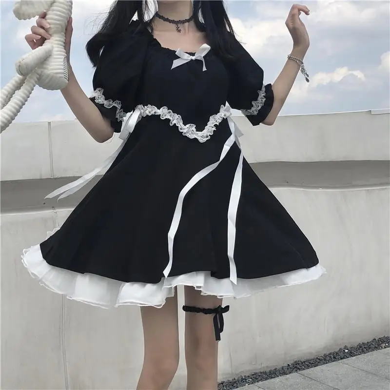 Gothic Cross Collar Dress Nun Costume Harajuku Black & White Puff Sleeves Dress 