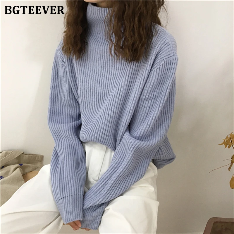 BGTEEVER Casual Half-turtleneck Women Sweater 2019 Winter Loose Knitted Jumpers Femme Blue Female Pullovers Knit Tops | Женская одежда