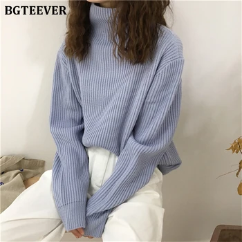 

BGTEEVER Casual Half-turtleneck Women Sweater 2019 Winter Loose Knitted Jumpers Femme Blue Female Knitted Pullovers Knit Tops