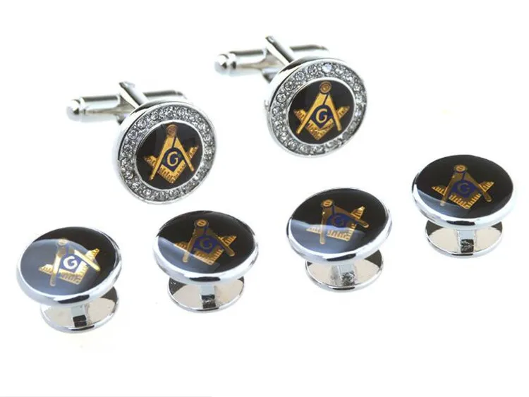 Silver-Round-Crystal-Freemason-Tuxedo-Cufflinks-Collar-Studs-Set-6pcs-Set-Masonic-Free-Mason-Cuff-Links