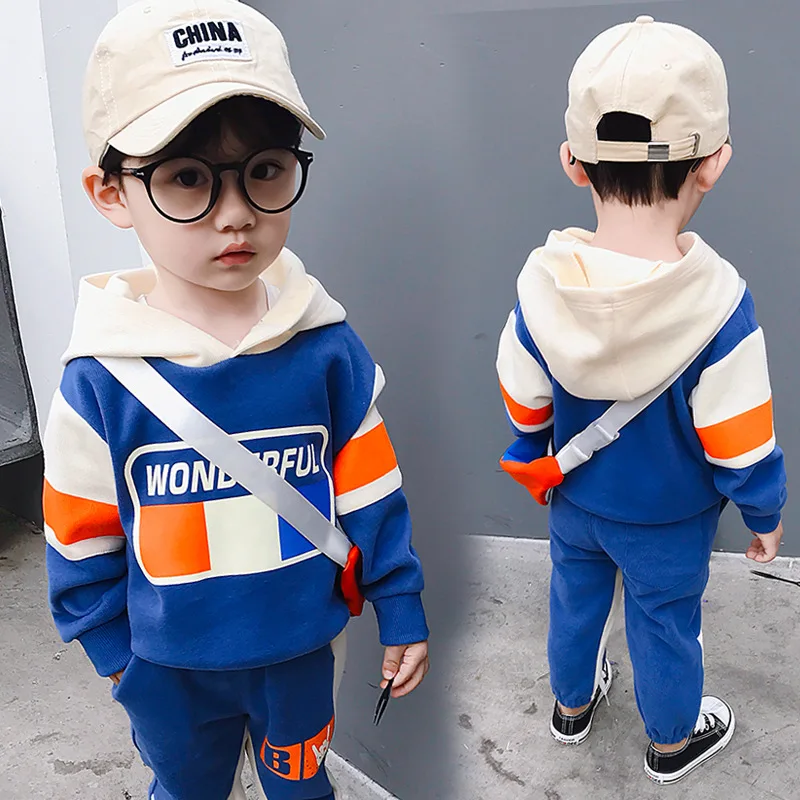 

BOY'S Square Printed Hoodie Suit 2020 Spring Clothing New Style Korean-style Children Fashion Hoodie Two-Piece Set