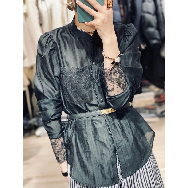 European Station 2022 Early Spring New Retro Gentle Fashion Stand Collar Embroidery Court Style Sleeve Shirt Top for Women