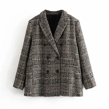 

Women autumn winter double breasted suit jacket 2019 casual ladies vintage plaid blazer pockets tops