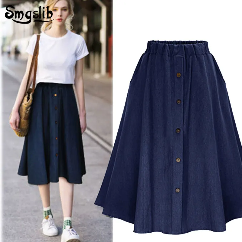 Модная весенне-осенняя джинсовая юбка в английском стиле, Плиссированная Юбка До Колена, милая Повседневная Длинная юбка на пуговицах, женские свободные юбки