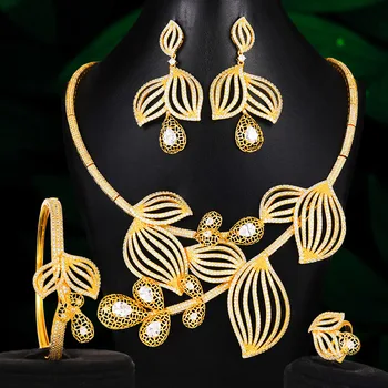 

4PCS Big Fashion Luxury Hollow leaves Naija Jewelry Set For Women Wedding African Cubic Zircon CZ Dubai Bridal Jewelry
