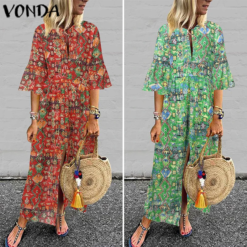 VONDA женское платье с рукавом 3/4, винтажное праздничное платье с принтом, богемное длинное платье с высокой талией и разрезом, Vestidos размера плюс, женская одежда 5XL