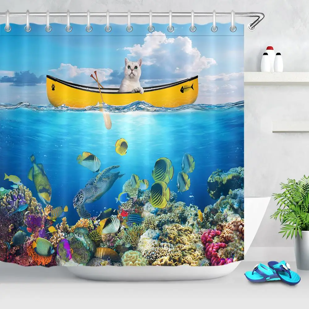 Funny Animal Cat Shower Curtain Waterproof Polyester Fabric Bathroom