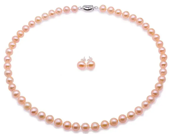 7x8 мм розовый круглый настоящий жемчуг женский ювелирный набор ожерелье, серьги на крючках 925 Серебряная застежка AAA культивированный