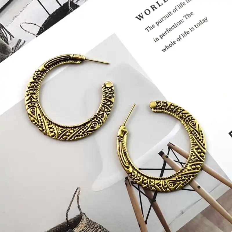 Винтажные резные цветочные круглые серьги-кольца для женщин девочек Античное золото серебро круг ухо Панк ювелирные изделия женские Bijoux