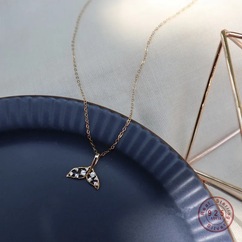 

925 Sterling Silver Pavé Crystal Mermaid Tail Pendant 14k Gold Necklace Women Simple Delicate Girl Style Clavicle Chain Jewelry