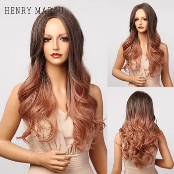 

HENRY MARGU Long Wavy Ombre Brown Rose Pink Wig Cosplay Party Middle Part Heat Resistant Hair Synthetic Wig for Black Women Afro