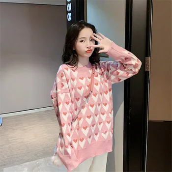 

2020 Autumn Women's Clothing New Loose Love Jacquard Sweater Round Neck Slim Sweet Student Pullover Sweater Women Pullovers