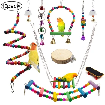 

10Pcs Bird Swing Chewing Toys Set Parrot Hammock Bell Mineral Stone Toy Cage Perch with Wood Beads Hamster Plarform