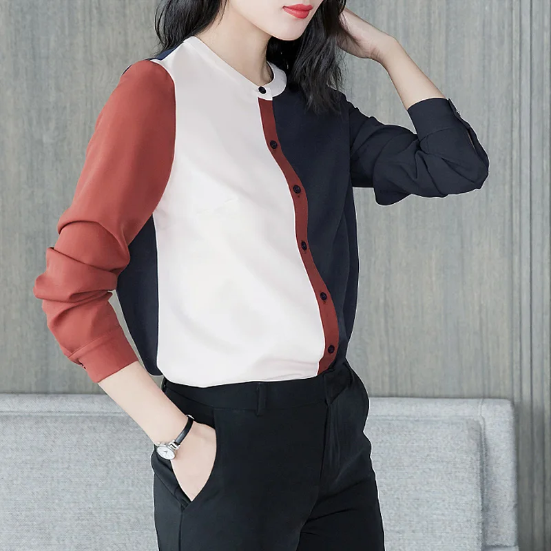 Шифоновые блузки со стоячим воротником с длинным рукавом размера плюс, тонкие лоскутные топы на пуговицах, осень, новые корейские свободные женские рубашки 6644 50