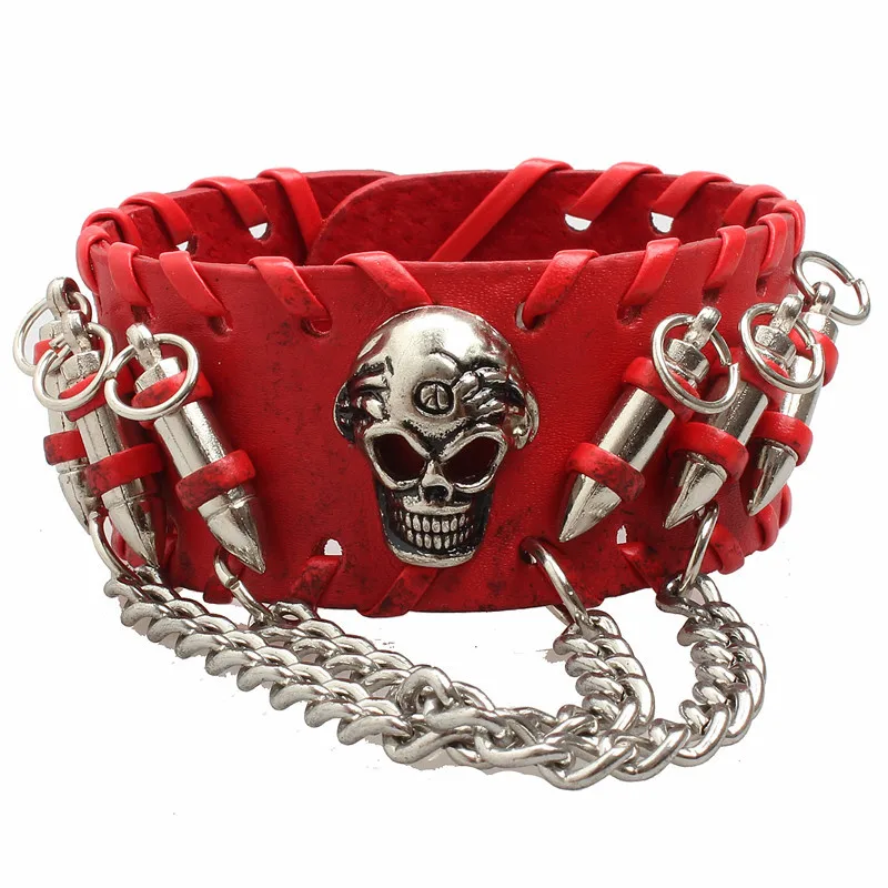 Fashion Gothic Punk Skull Metal bullet Leather Bracelet Men Bracelets & Bangles Male Arm Jewelry Red and black 2022 Accessor 3