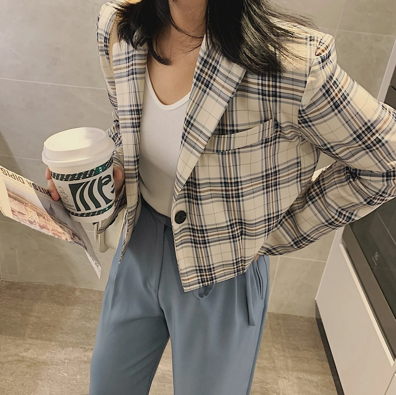 2023 Women's Plaid Checkered Cropped Jackets Blazers Trouser Suits Coat Clothes Spring Female Oversize Office New Woman Overcoat