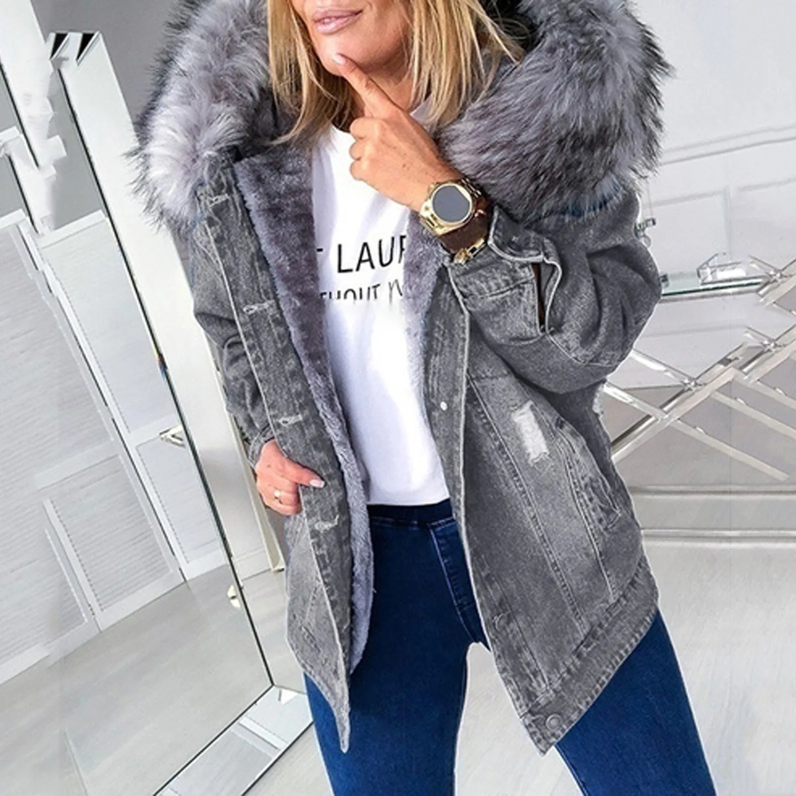 Women's denim jacket Hooded Coat plus velvet Winter thick Long - sleeved Denim Solid Color Jeans Coat With Fur-trimmed Collar # 1