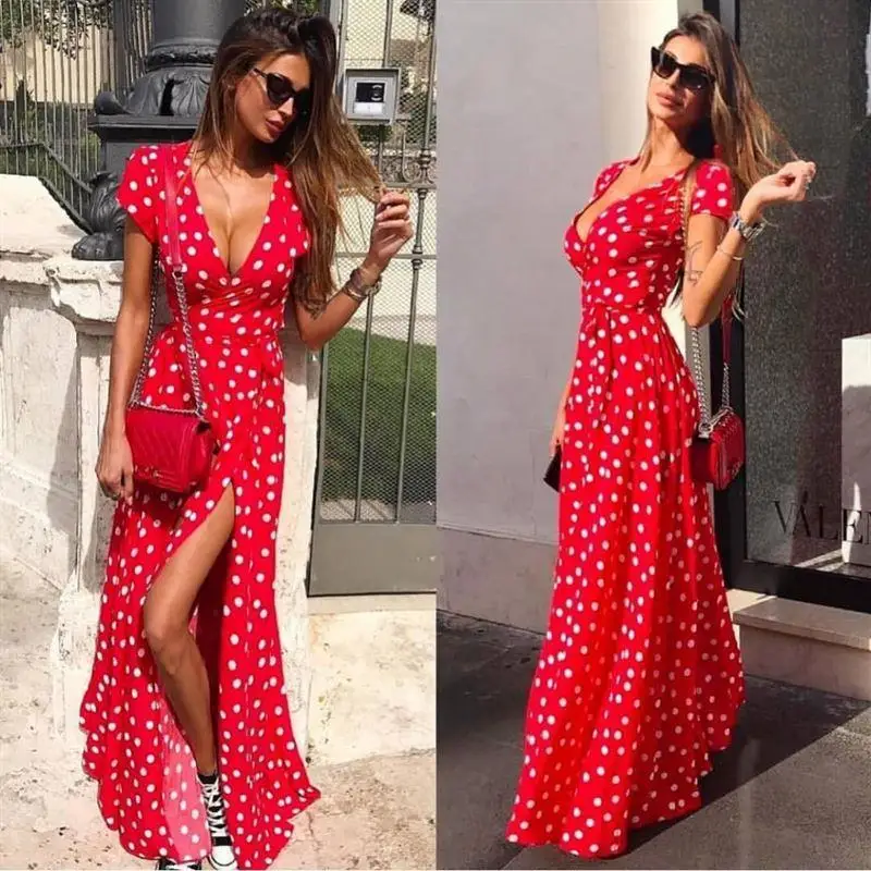 Sexy Deep V neck Short Sleeve Polka Dot Maxi Dress Women 2020 Summer Chiffon Boho Beach Plus Size Long Dresses Woman Femme Robe Sexy Deep V neck Short Sleeve Polka Dot Maxi Dress Women 2020 Summer Chiffon Boho Beach Plus Size Long Dresses Woman Femme Robe