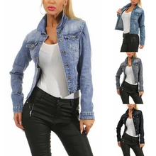 Women's Denim Jacket Fashion Korean Streetwear Faded Wash Jeans Jacket Ladies Casual Denim Jacket Blue Black