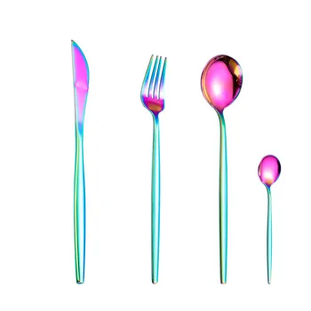 

4pcs Stainless Steel Cutlery Mirror Rainbow Dinnerware Set Dinner Set Knife Fork Spoon Silverware Set Kitchen Tableware Set