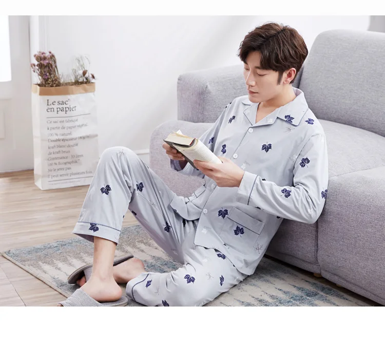 Cotton Cardigan Pajama Sets for Men Autumn Winter Long Sleeve Print Pyjama Sleepwear Male Lounge Homewear Home Clothes