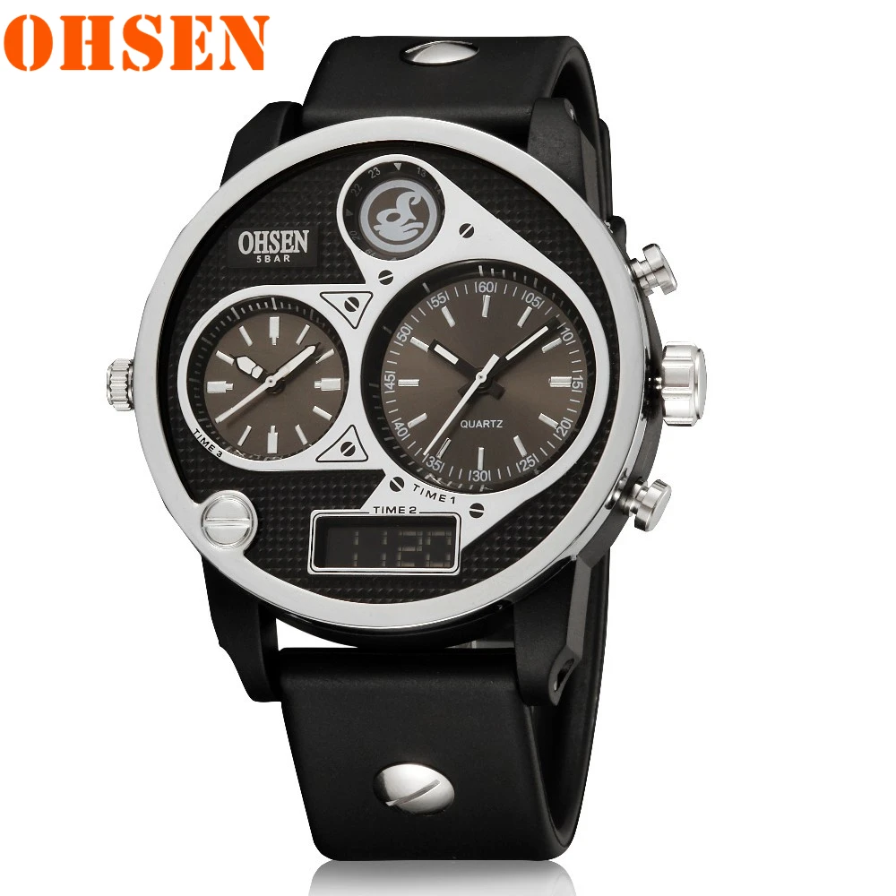 OHSEN Watches Unique Design Multipe Time Zone Rubber Strap Male Quartz Wristwatch OHSEN Sport Fashion Men Watches reloj hombre