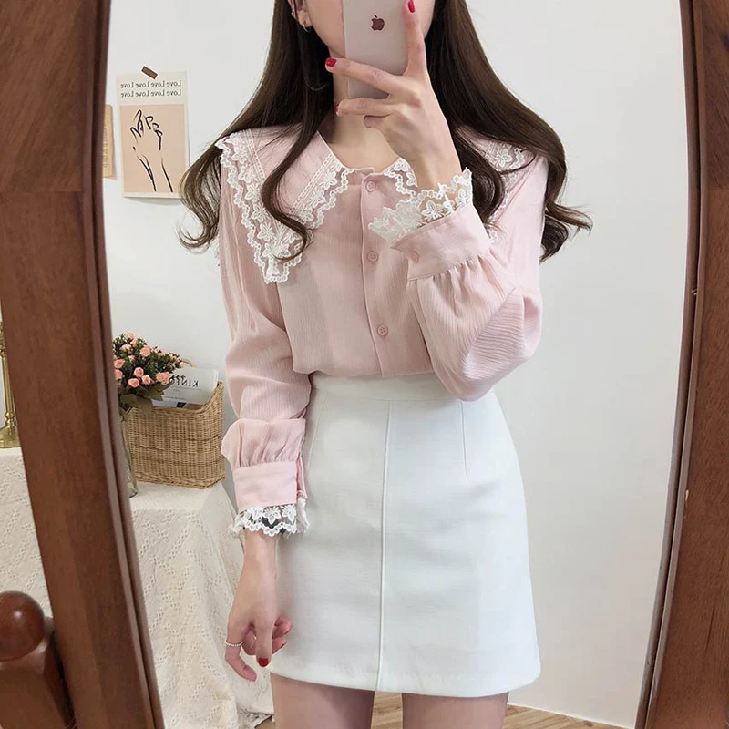 

2020 New Arrivals Early Autumn Blouse Shirt Korean Chic Large Lace Collar Long-sleeved Single Breasted Blusas Fashion Fall