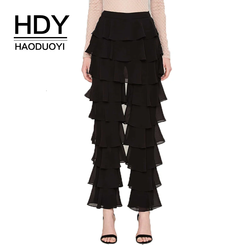 

HDY Haoduoyi Brand 2018 Women Sexy Black Casual Loose Leg Cotton Pants Ruffles Mid Waist Female Sweet Trousers Lady Pants
