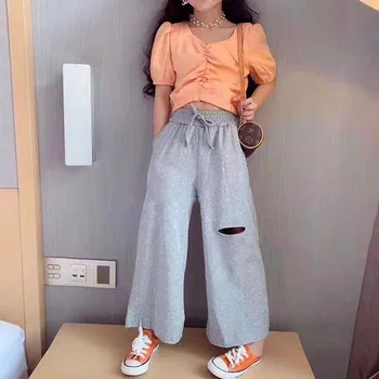 

Spring Summer girls pants baby trousers kids bottoms children streetwear casual clothes knee hollow out wide leg 3 to 8 yrs