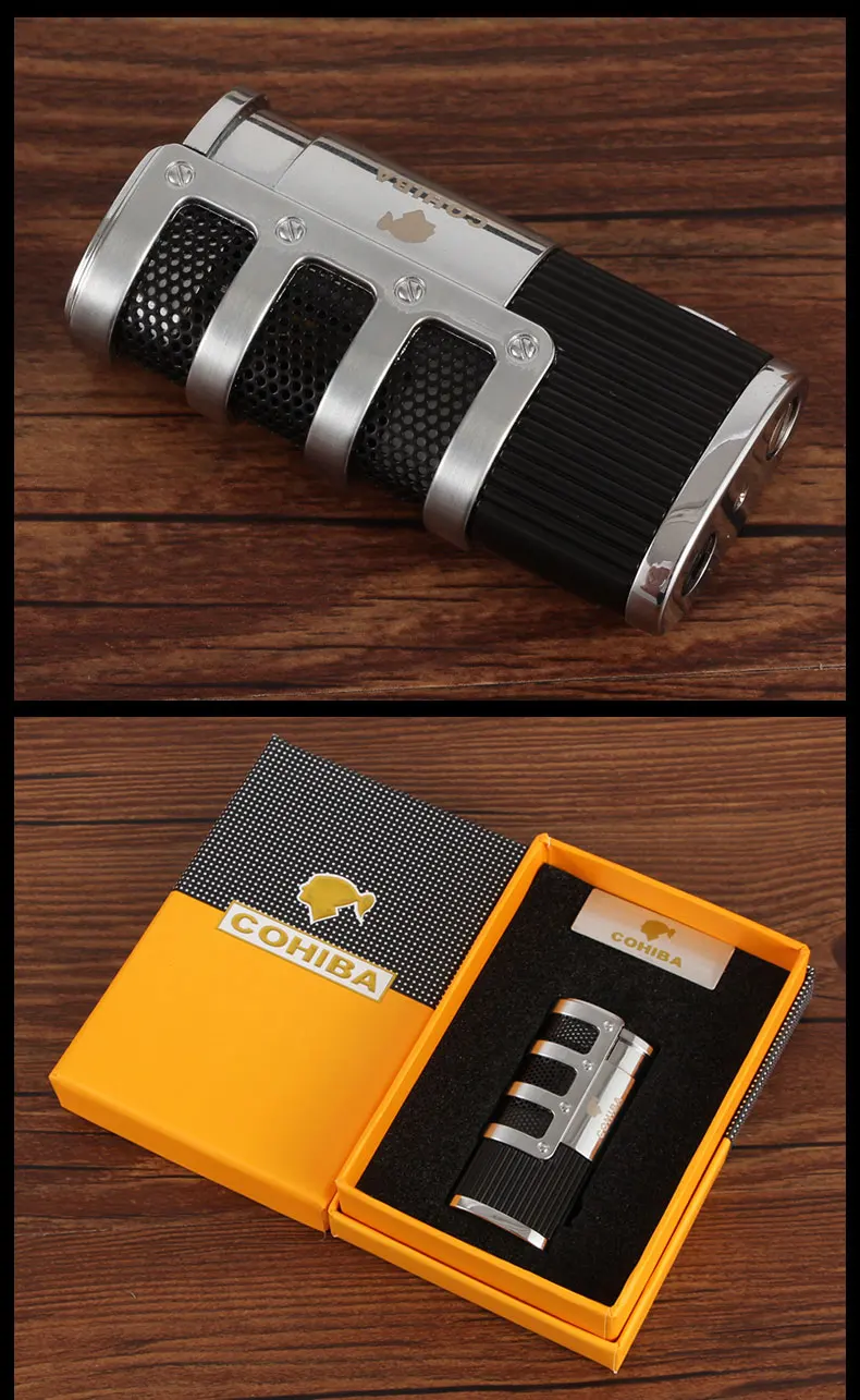 Зажигалка COHIBA металлическая карманная Бутановая Зажигалка для Сигар Зажигалка газовая ветрозащитная 3 струйная модная Зажигалка для Аксессуары для сигар W/Подарочная коробка