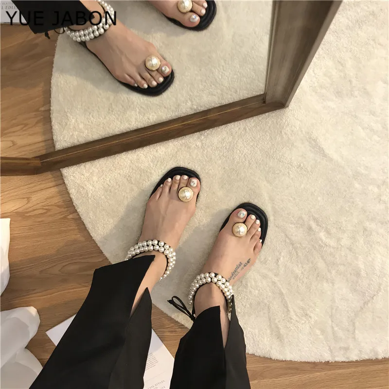 Black White Pearl Flip Flops Women Flat 
