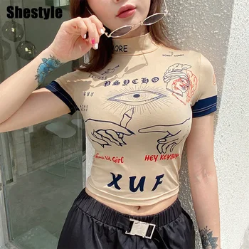 

Shestyle Beige Moto Biker Style T Shirts Women Sexy 2020 Patchwork Printed Mock Neck Stand Tight Cool High Street Crop Tops