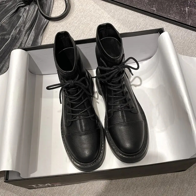 Black Leather High Heels Woman Boots Female Women Shoes Motorcycle Shoes Platforms Ankle Boots Wedges Female Lace Up Platforms Black Leather High Heels Woman Boots Female Women Shoes Motorcycle Shoes Platforms Ankle Boots Wedges Female Lace Up Platforms