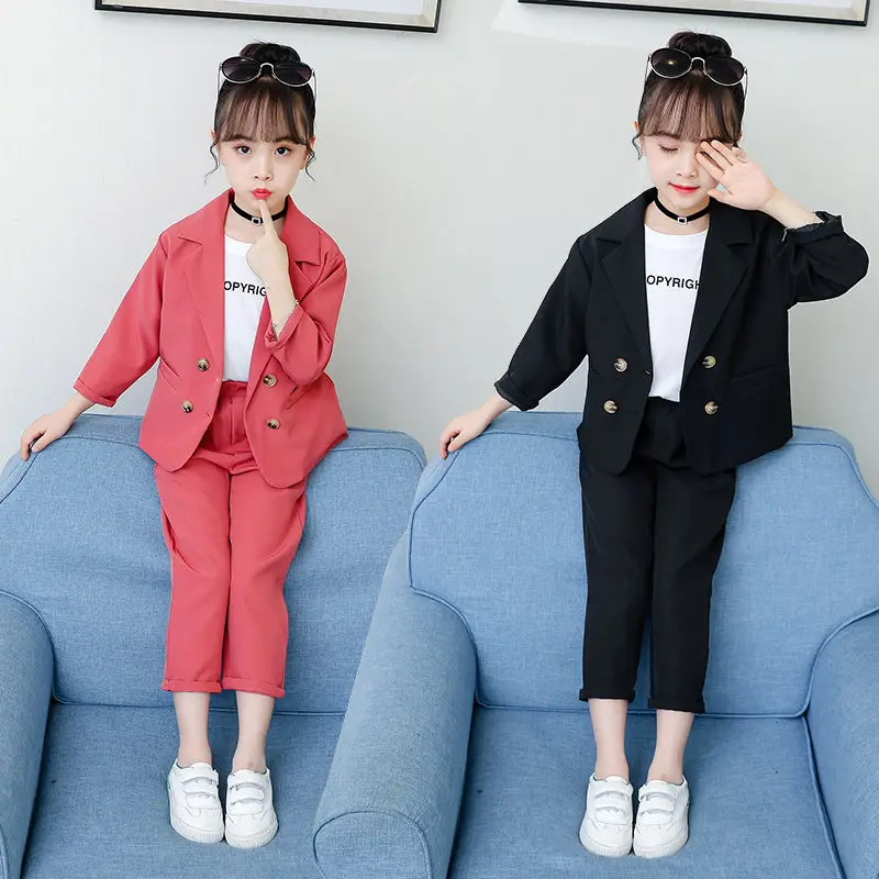 3pcs Baby Girls Red Coat White T-Shirt Floral Pants Set Kids Dress Outfits 