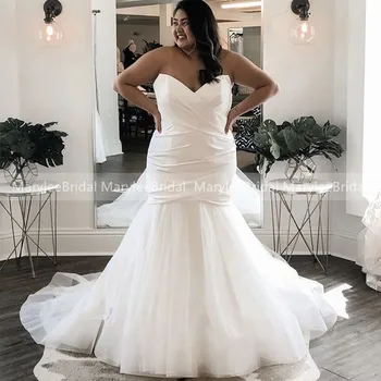 

Plus Size Mermaid Wedding Dresses Sweetheart Sleek Satin Sexy Tulle Bridal Gowns Lace Up Back Ivory Customize Bride Wedding Gown