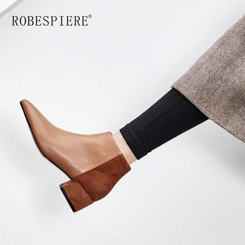 

ROBESPIERE Ankle Boots For Women Top Quality Genuine Leather Mixed Colors Lady Shoes Fashion Pointed Toe Square Heels Boots B89